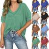 Women's Fashion Solid Color V Neck Short Sleeved Pullover Casual T-shirt Top