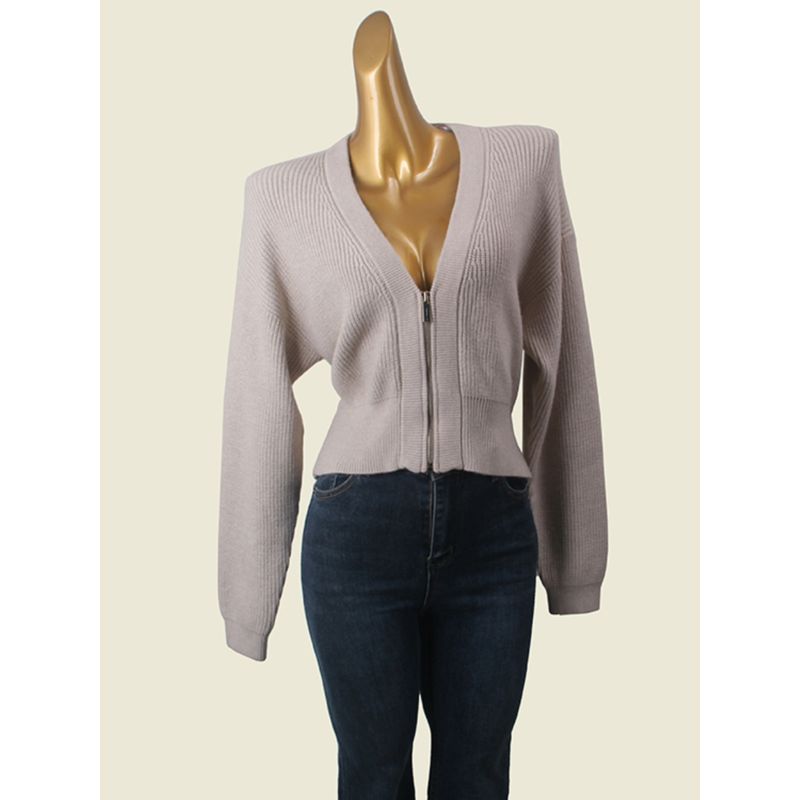 Stylish Metal Zipper V-neck Knitted Cardigan Outwear Women's High Waist Short Batwing Sleeve Outer Wear Slim Looking Tops Autumn
