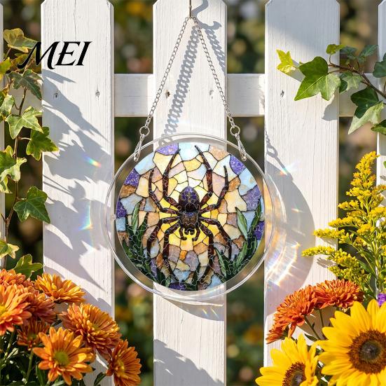 Decorative Glass Effect Pendant Halloween Acrylic Puzzle Window Suncatcher, Stained Style Hanging Ornament Retro Skeleton Pumpkin Crow with