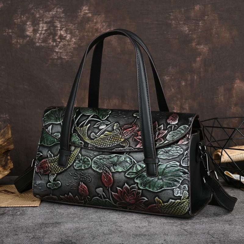 Johnature Retro Genuine Leather Women Bag Handmade Embossed Fashion Versatile Shoulder & Crossbody Bags