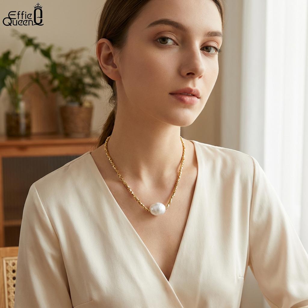 EFFIE QUEEN 925 Чистое Серебро 14 карат Золотой Самородок Цепочка Большой Жемчуг Чокер Ожерелье Роскошные Украшения для Женщин Свадебный Банкет Подарок GPN36