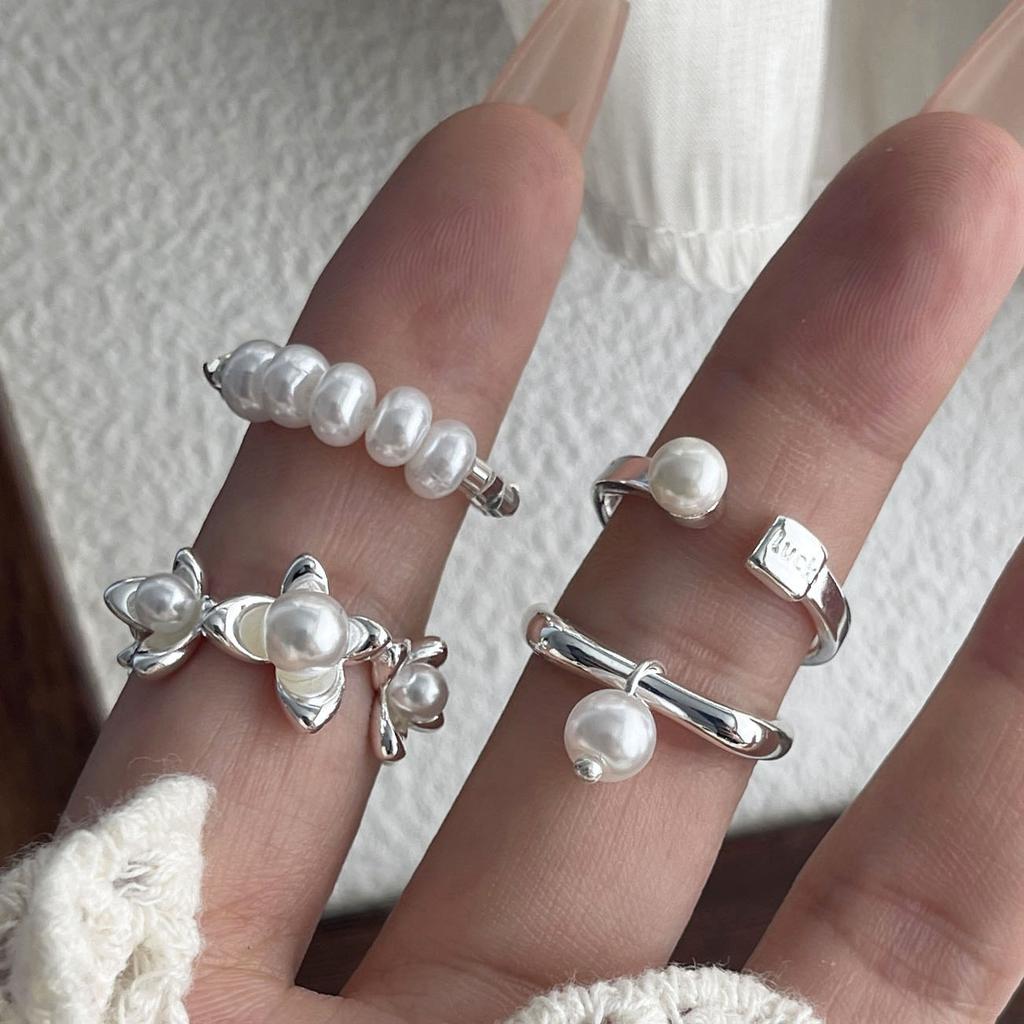 925 Sterling Silver Rings for Women Couple Minimalist Handmade Simple Flower Pearl Ring Fine Jewelry Gift Prevent Allergy