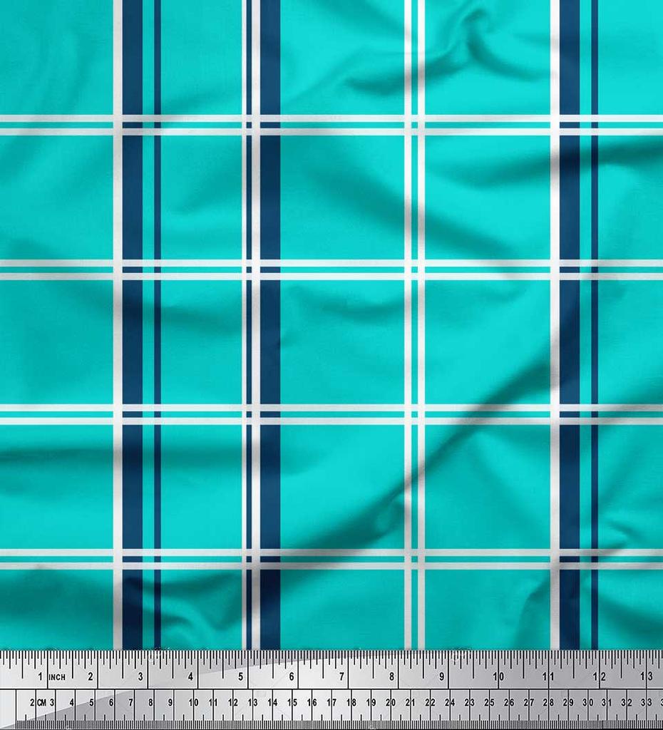 Soimoi Blue Japan Crepe Satin Fabric Check Check Printed Fabric 1 metre 42 Inch