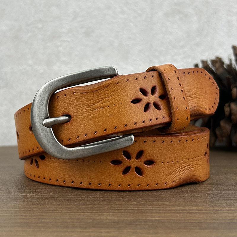 Женский кожаный ремень с полым ретро-дизайном, повседневный джинсовый ремень из первого слоя с пряжкой-булавкой, новинка осени и зимы 2024