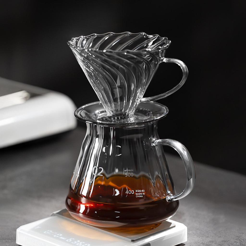 Transparent Glass Pour-Over Coffee Maker Set with Spiral Textured Filter Cup