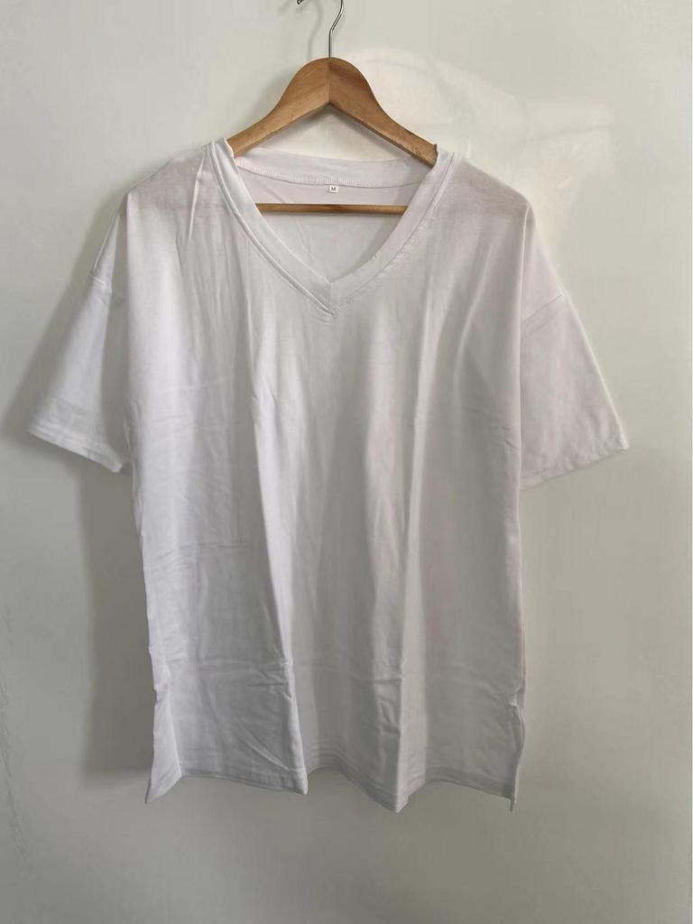 Европейский и американский женский летний однотонный свободный топ из хлопка с V-образным вырезом