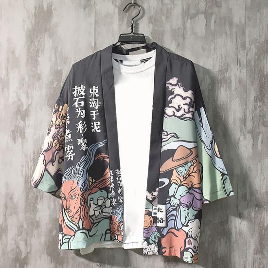 Men Shirt Chinese Style Print 3/4 Sleeve Relaxed Fit Streetwear Japanese Loose Stand Collar Kimono Top Men Clothing