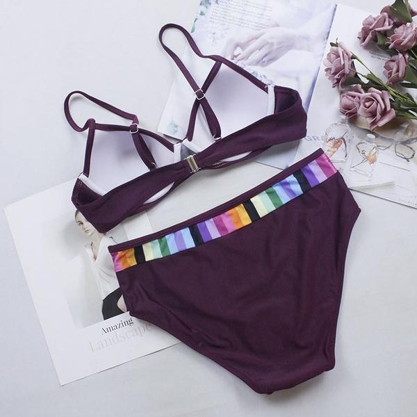 Новый летний женский комплект бикини с цветными блоками и высокой талией, плавки, повседневная женская пляжная одежда, купальный костюм, купальник, нижнее белье