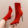 High Heel 10cm Europea High Heeled Boots Woman Elastic Socks Boots Women's Mid Calf Boots Pointed Toes Sexy Booties Chunky Heel Shoes Red