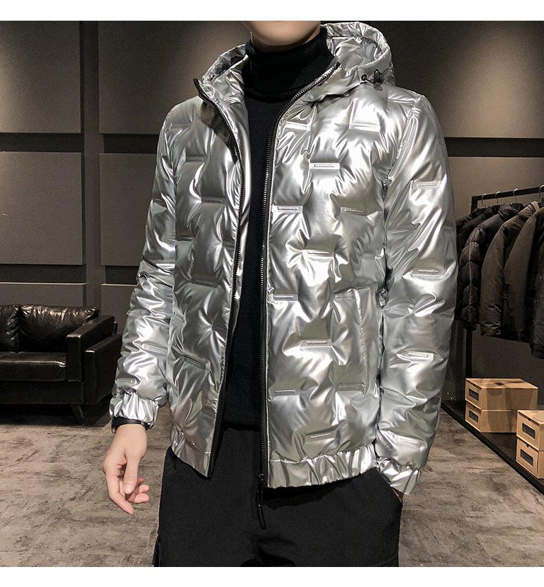 Мужской серебристый блестящий зимний пуховик, мужской теплый короткий белый утиный пух с капюшоном