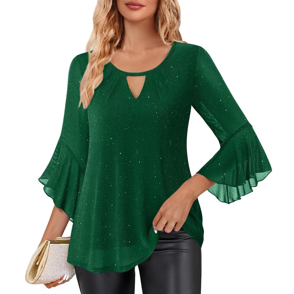 Women's Fashionable Solid Color Round Neck Seven Quarter Sleeved Shirt Loose Casual  Top