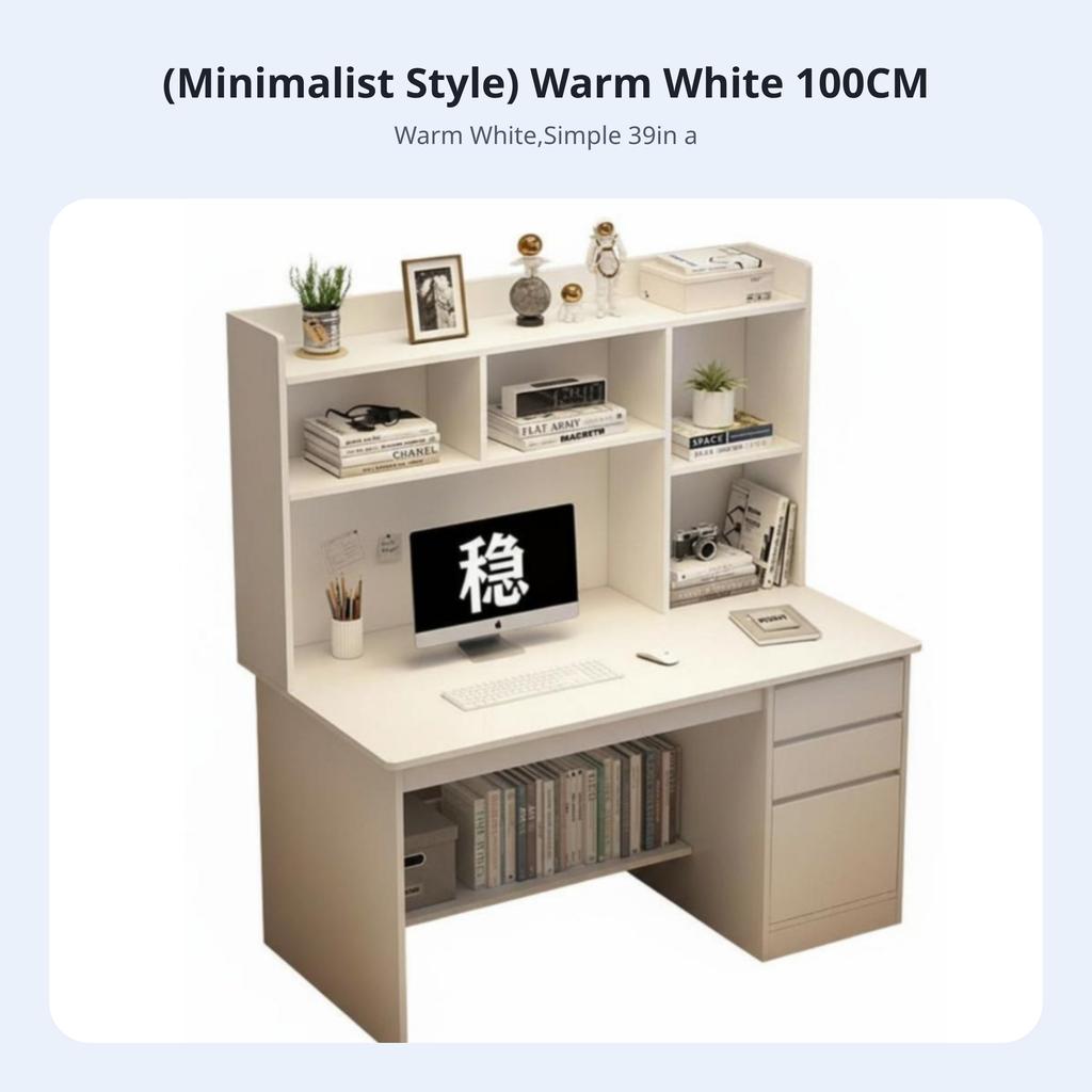 Study Desk with Hutch Minimalist Design Workstation with Hutch and Drawers Spacious Desktop Raised Shelf Perimeters for Teens