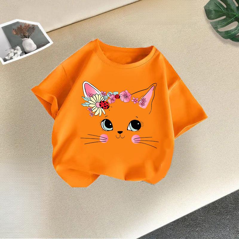 Summer Kids T Shirt Flower Cat Graphic Shirt Girls Floral Kitty Tops White Short Sleeve Wild Tee Cute Animal Cartoon Cat T-shirt