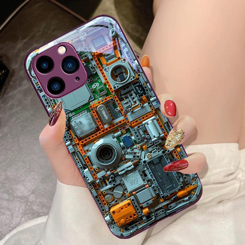 Механическое устройство черное Для IPhone 16 Pro Max 15 Pro 14 13 12 Mini 11 XS Max XR 7 8 Plu SE 2022 Закаленное стекло Чехол для телефона
