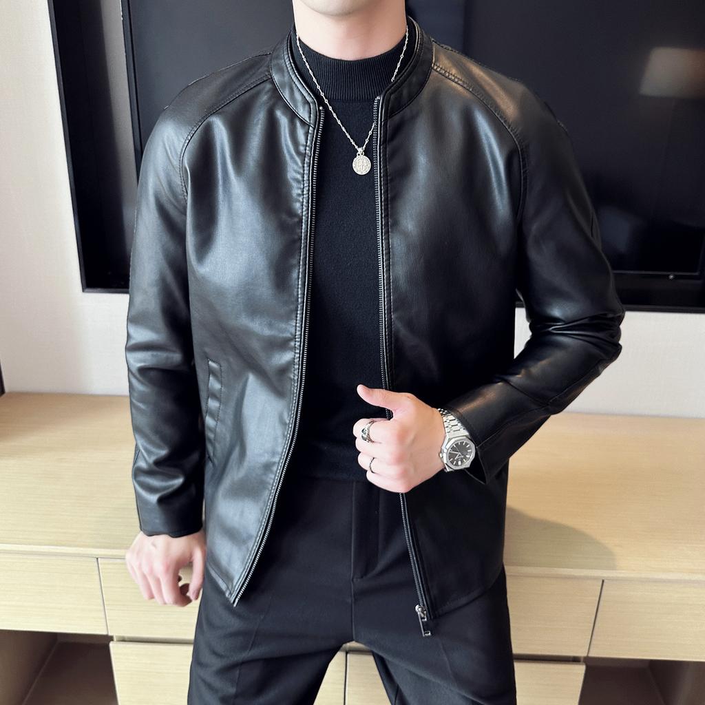Autumn and Winter New Men's Leather Jackets, Men's Slim Korean Style Baseball Collar Leather Jackets, Casual Jackets, Trendy Simple Youth Tops