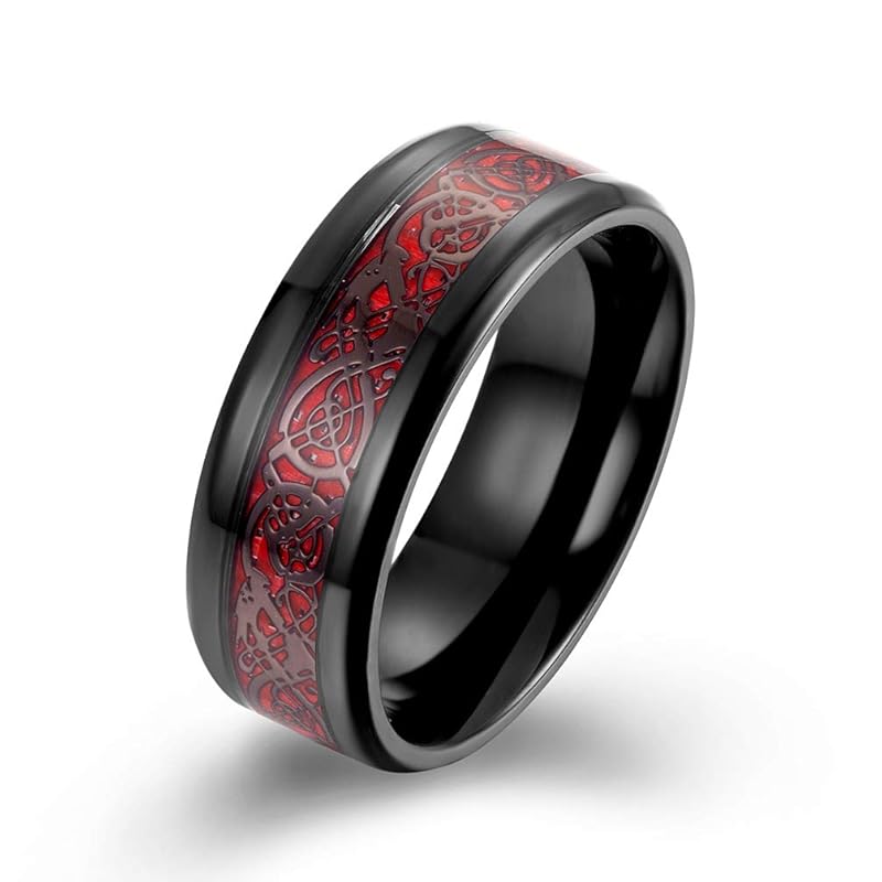 [Rockyu] ring men's Fashionable amulet dragon crest ring durability carbon fiber stainless Compatible with metal allergies dragon crest black/blue/red