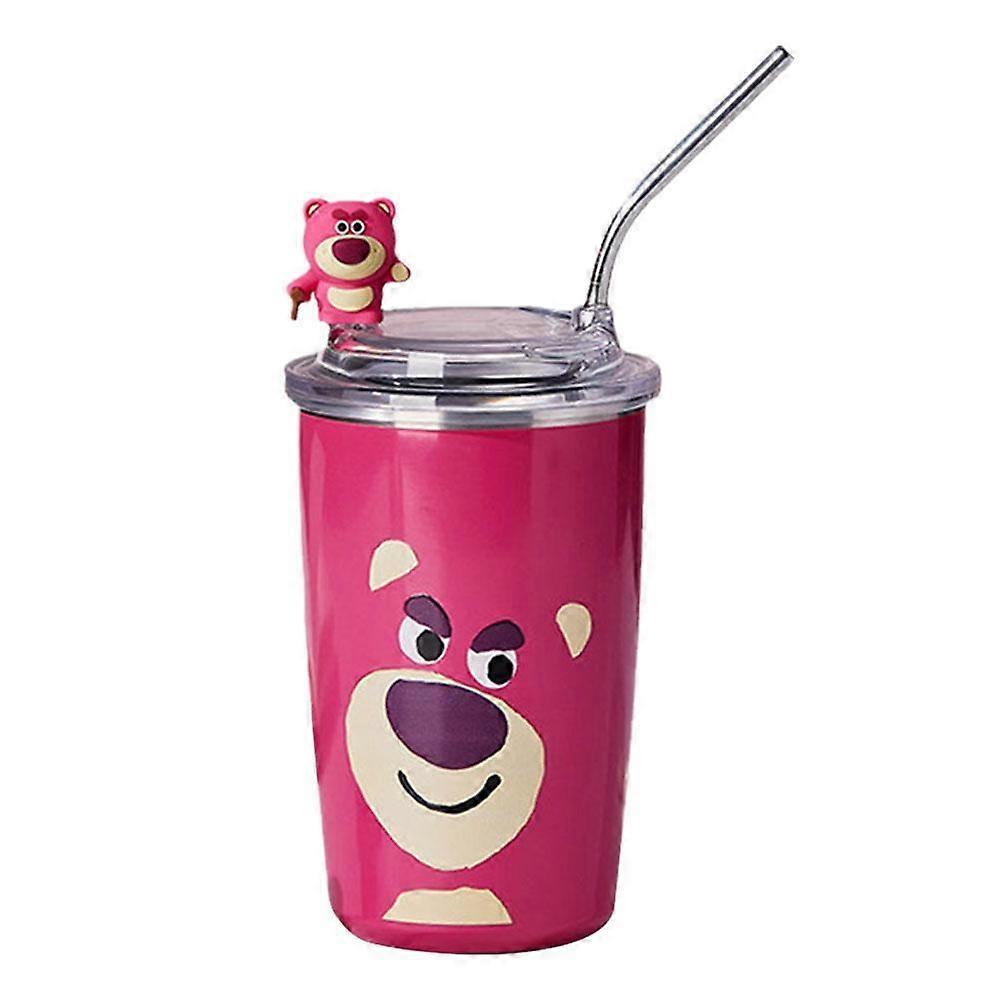 480Ml Stainless Steel Strawberry Bear Insulated Mug, Office Hand-Held Coffee Cup, Straw, Girlfriend Gift