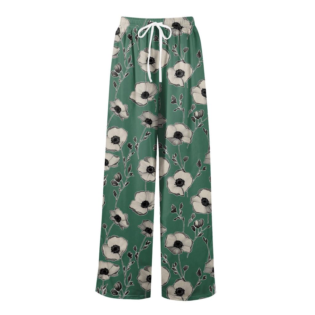 Women's Loose Casual Floral Print Wide Leg Pants With Elastic Waist Drawstring And Pocket Pants