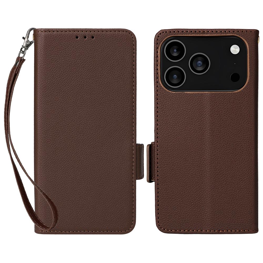 For iPhone 17 Pro Max Case with Wrist Strap Litchi Texture PU Leather Wallet Phone Cover