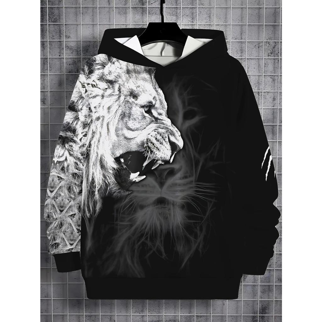 Толстовка с капюшоном для мальчиков с 3D-принтом - пуловер с контрастным черно-белым узором, толстовка для улицы с длинным рукавом