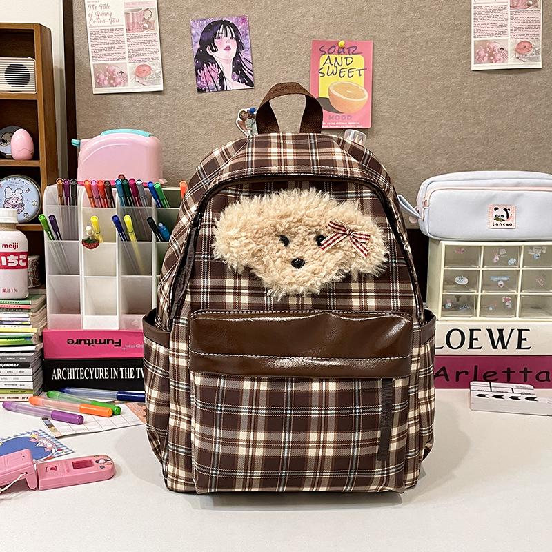 Рюкзак в стиле ретро с клетчатым принтом в виде щенка для осени/зимы — стильная универсальная школьная сумка для девочек