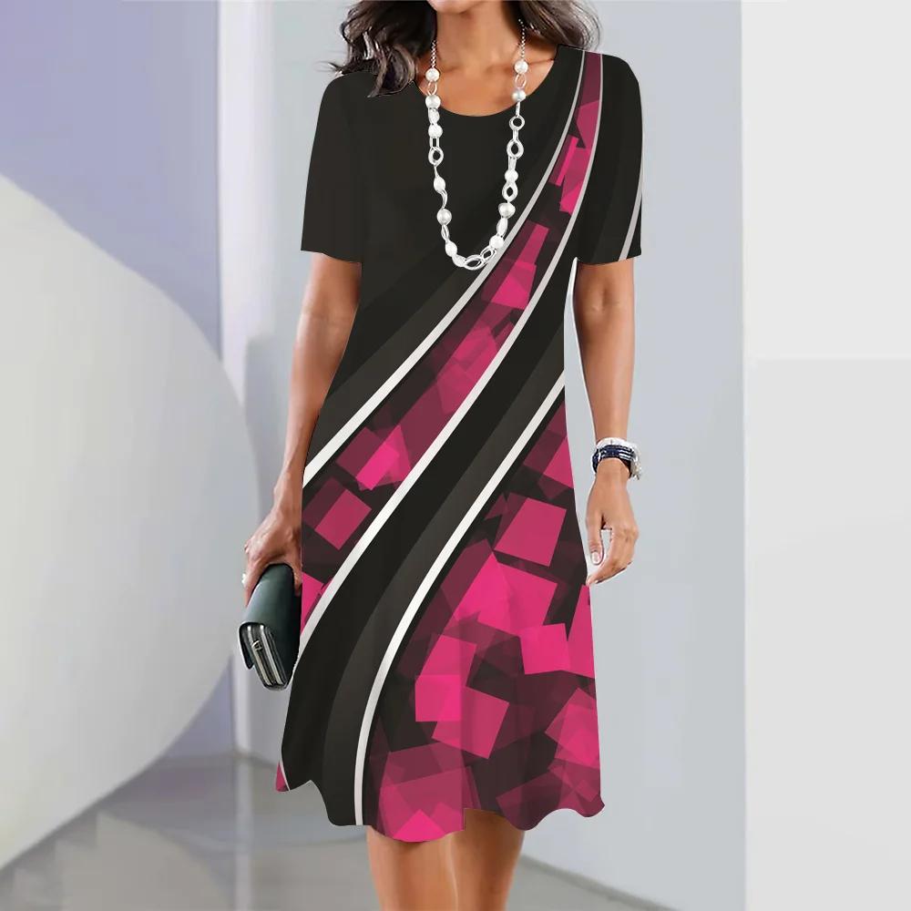 Летняя женская одежда Платья Ретро юбки А-силуэта 3D цветное блокирующее платье Вечеринка Элегантное платье с короткими рукавами Пуловер свободного покроя