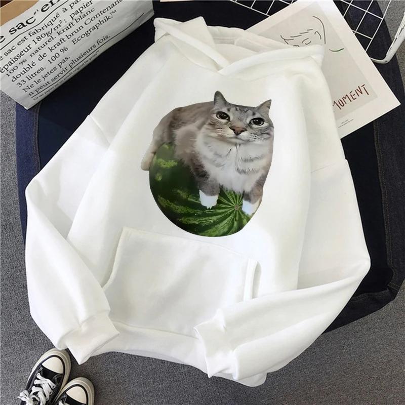 Cute Watermelon Cat Silly Cat Meme Printed Hoodies 90s Casual Autumn Winter Graphic Y2k Hooded Women's Gothic Streetwear Clothes