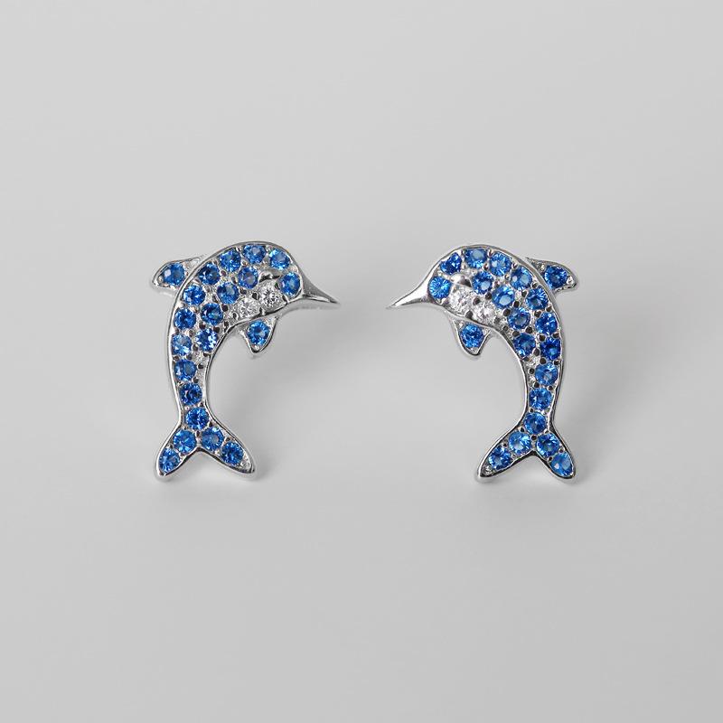 VENTFILLE 925 Sterling Silver New Design Blue Crystal Dolphin Stud Earrings For Women Fashionable Animal Shape All-Match Jewelry