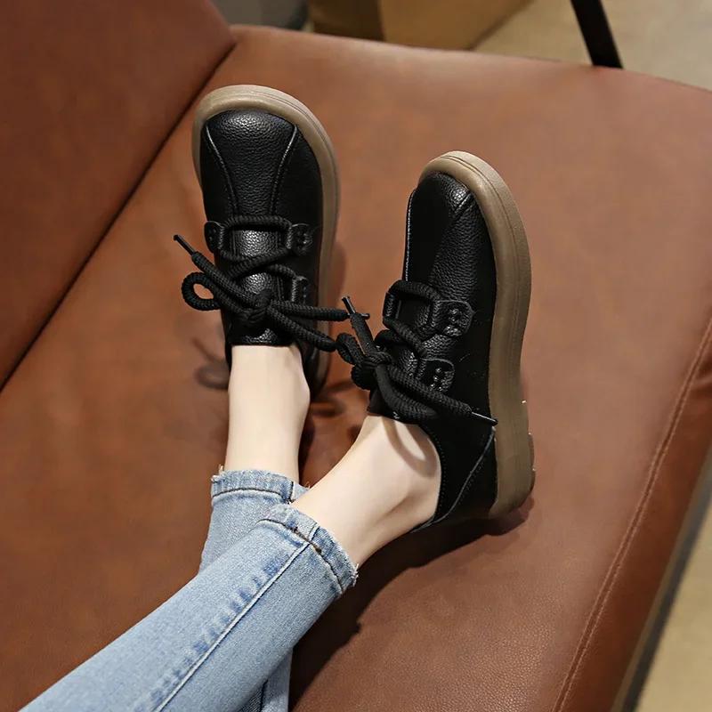 Women's Casual Lace Up Shoes New Plus Size Leather Ladies Loafers Autumn Outdoor Soft Soles Flat Shoes