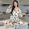 Французский милый кот Ледяной шелк Пижама Женская Весна и Осень Сладкий стиль Прохладный с длинным рукавом Костюм для отдыха Можно носить на улице