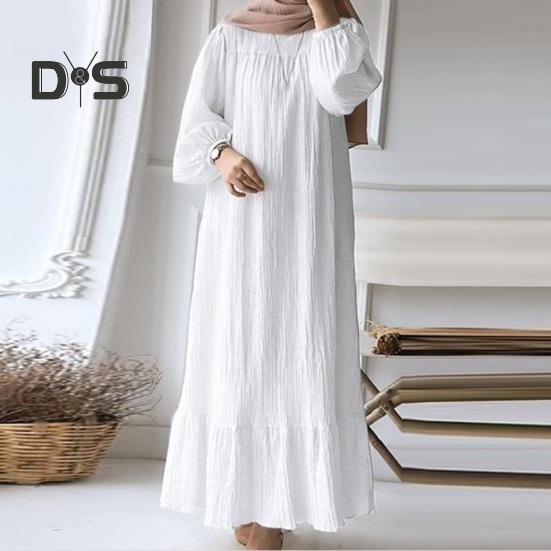 Women Robe Dress Crew Neck Long Puff Sleeves Pure Color Plus Size Patchwork Straight Pullover Casual Middle East Area Traditional Clothes Maxi Dress