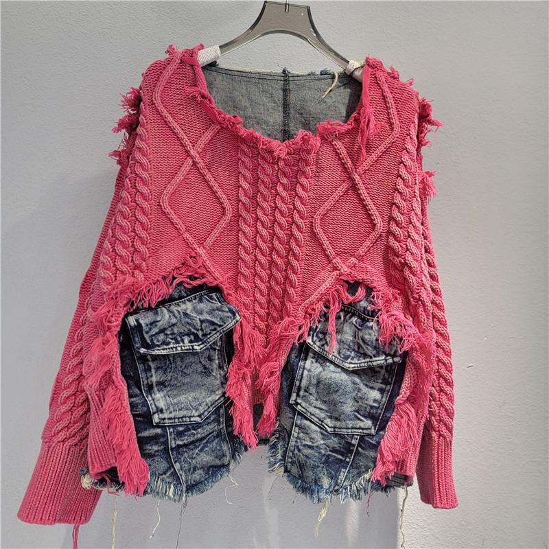 Женский пуловер неправильной формы с эффектом состаривания, пэчворк, карманы, винтажный выстиранный деним