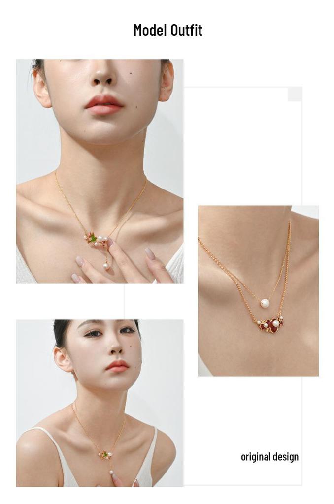 Элегантное жемчужное колье с кисточкой, эмаль cloisonне, птица и ягоды