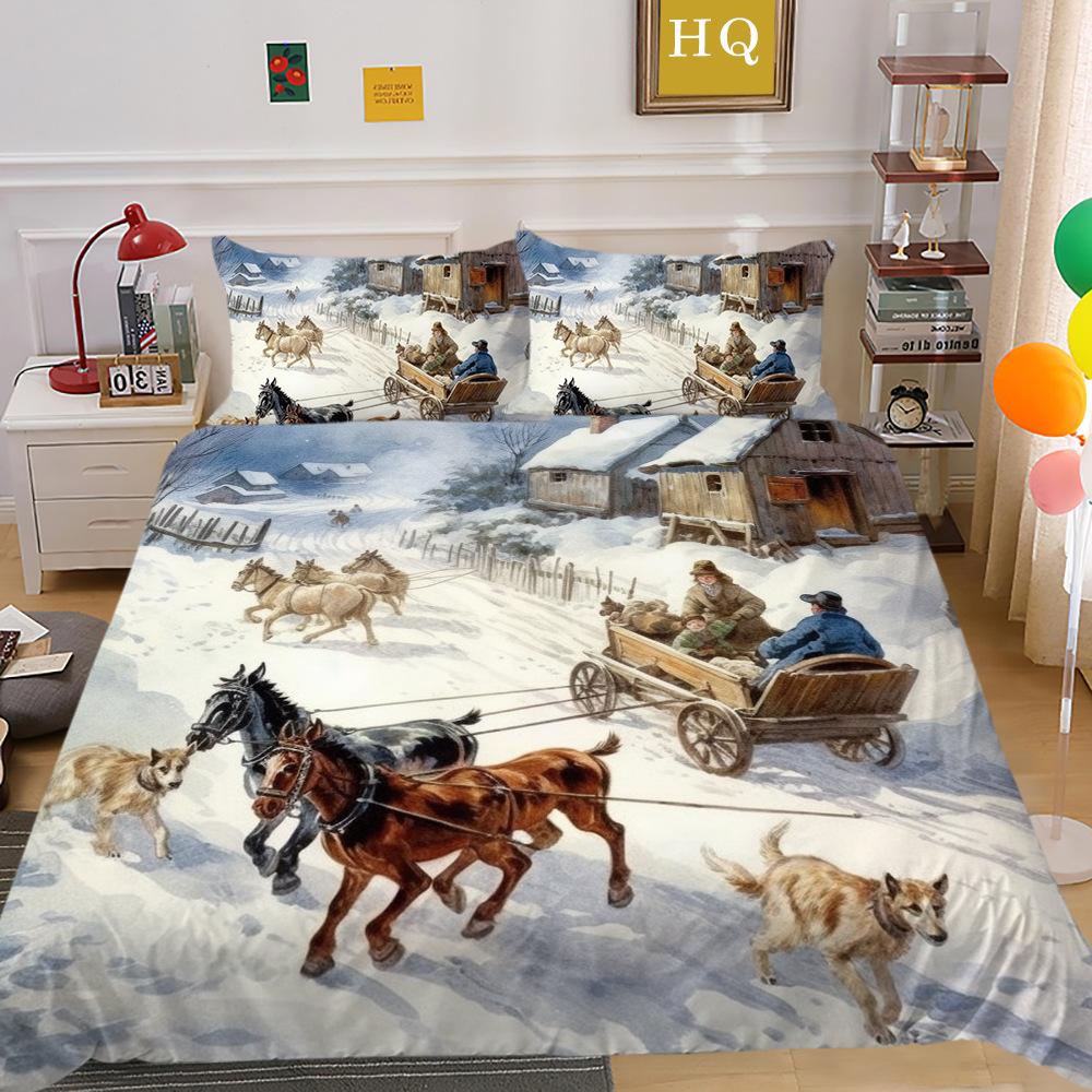 Рождественская карета, снежная сцена, 3D-принт, полиэстеровая наволочка, пододеяльник, набор из двух или трех предметов, можно