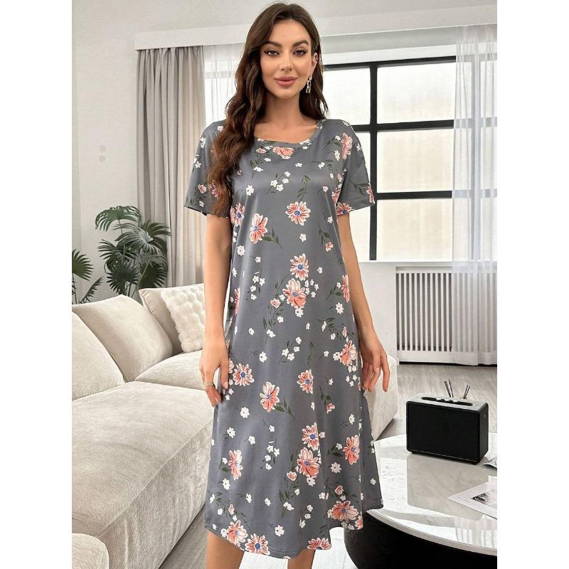 Большой размер, круглый вырез, короткий рукав, синий цвет с цветами абрикоса, домашняя одежда, ночная рубашка, платье, повседневный стиль, женская одежда с принтом