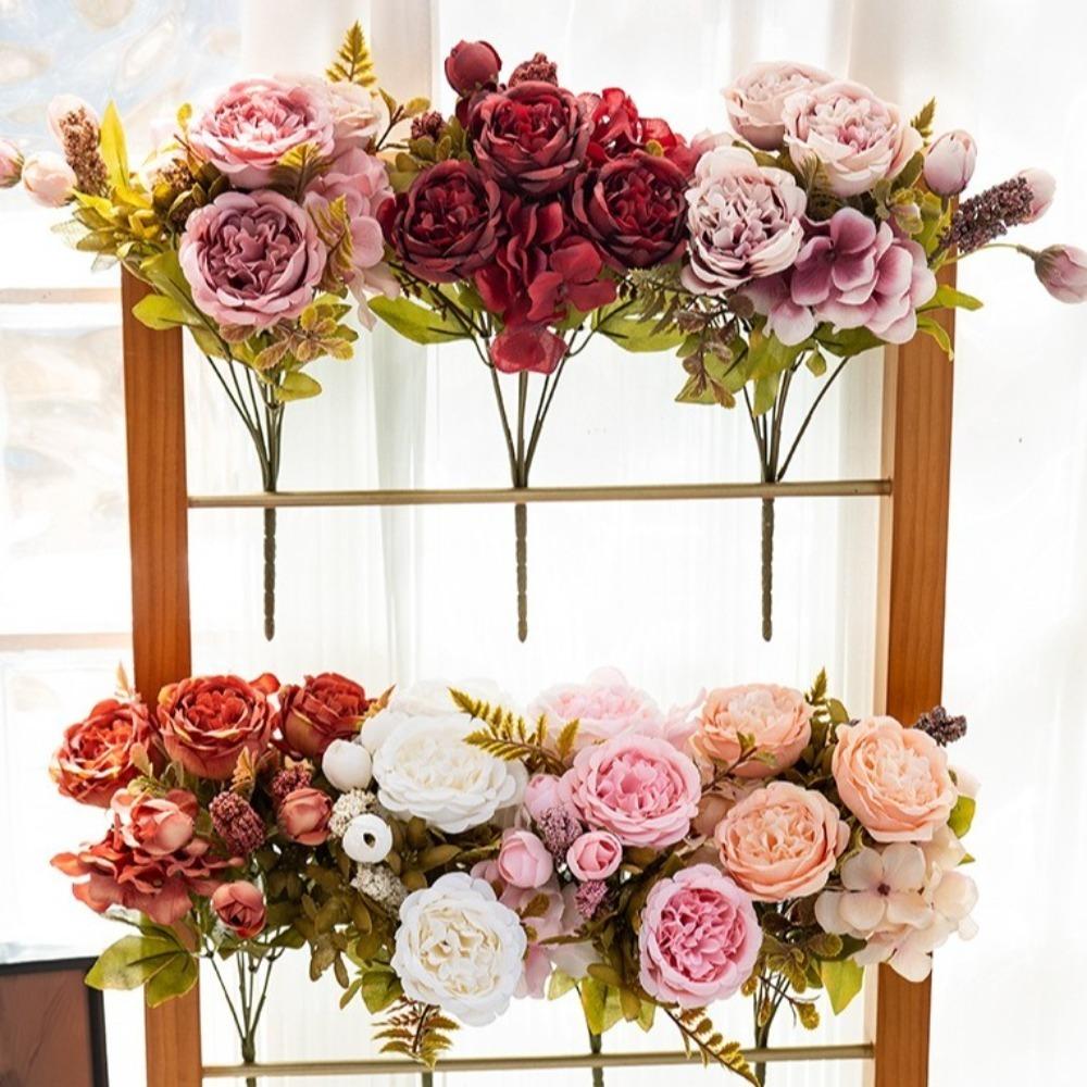 DIY Silk Peony Hydrangea Bouquet 7 Heads Artificial Wedding Bride Flowers Wedding Party