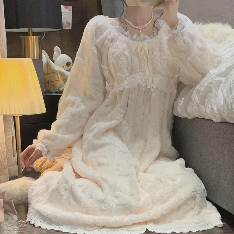 Women's Plush Flannel Nightdress - Thick Coral Fleece Pajamas for Autumn/Winter, Solid Color, Plus Size