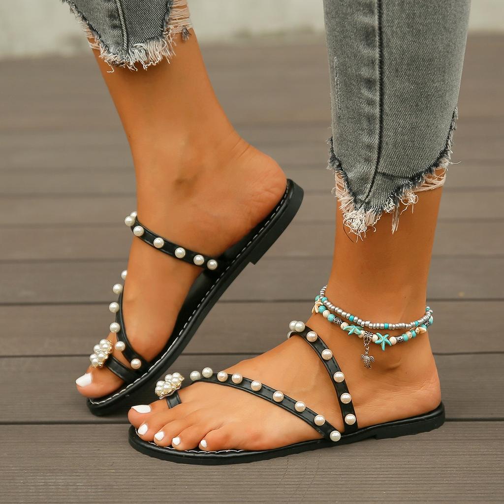 Женская обувь 2024 года, летние повседневные женские тапочки, уличные шлепанцы большого размера, модные тапочки с жемчугом для женщин, Zapatos De Mujer