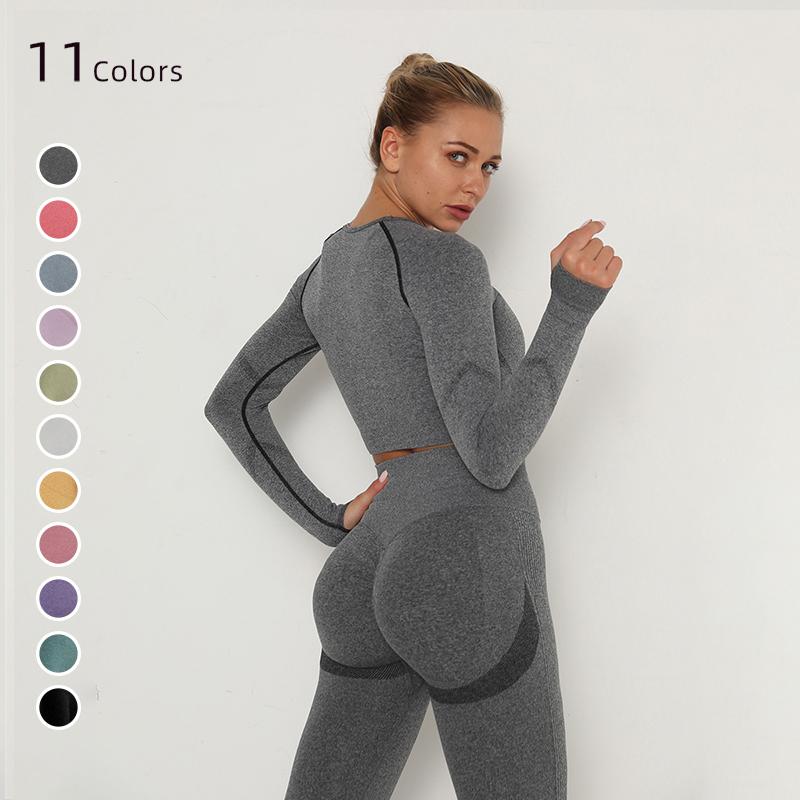 Бесшовный комплект Nessaj, костюм для йоги, 2 шт., футболки с длинными рукавами, леггинсы с пуш-ап, сексуальные спортивные комплекты для тренажерного зала