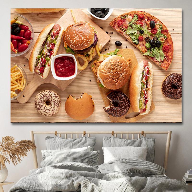 Картины быстрого питания в американском стиле, картины на холсте, гамбургер, картофель фри, постеры для хот-догов и принты для гостиной, кухни, настенный декор