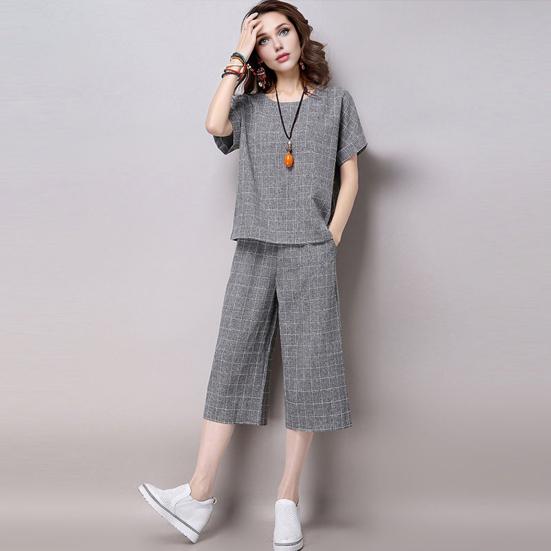 Женский клетчатый комплект из 2 предметов: повседневный комплект из топа с круглым вырезом, короткими рукавами, укороченными брюками и карманами, летний свободный комплект для отдыха