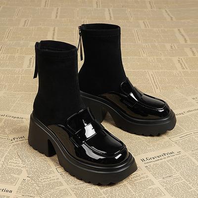 Женские хлопковые ботинки на толстом каблуке, зимние новые, с круглым носком, со вставками из эластичной ткани сзади на молнии, на толстой подошве, нескользящие короткие ботинки