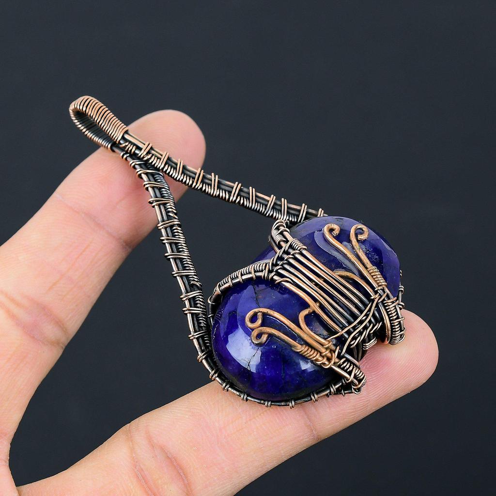 Созданный в лаборатории синий сапфировый драгоценный камень Чистая медная проволока, обернутая вручную подвеска, ювелирные изделия для нее