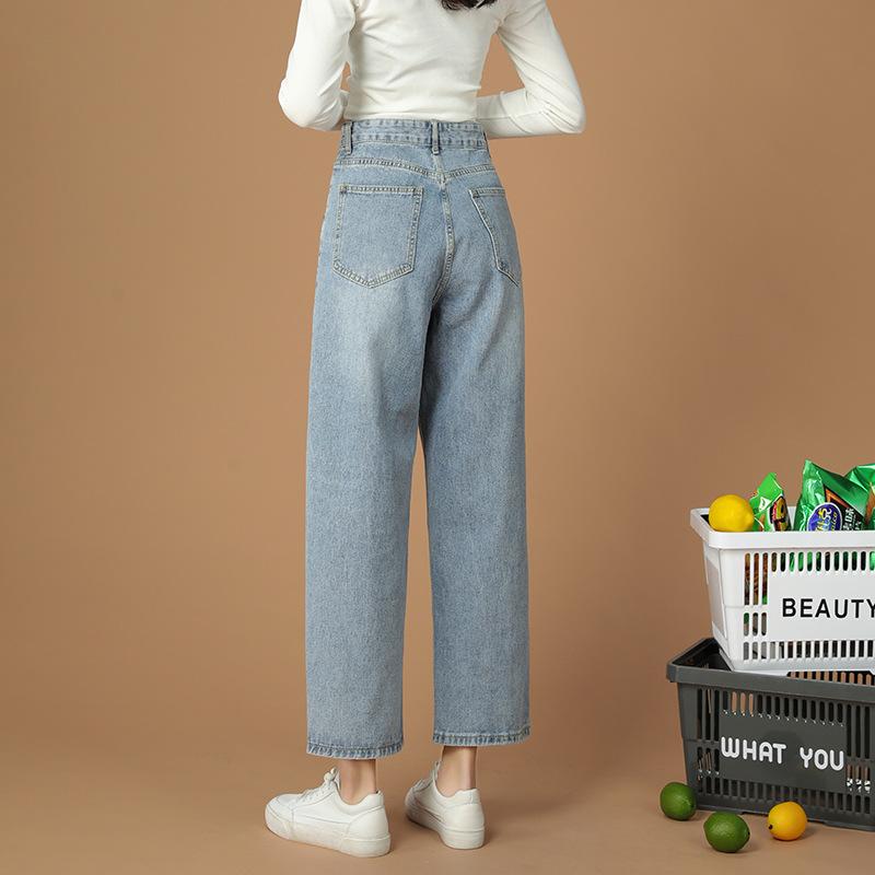 Весенне-осенние модные брюки с высокой талией, джинсы, женские джинсы со свободной талией, свободные повседневные женские прямые длинные брюки больших размеров