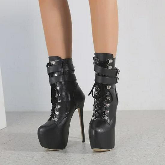 Winter 2024 Women's Mid-Calf High Heel Boots: Large Size, Lace-Up with Metal Buckle, European & American Fashion.