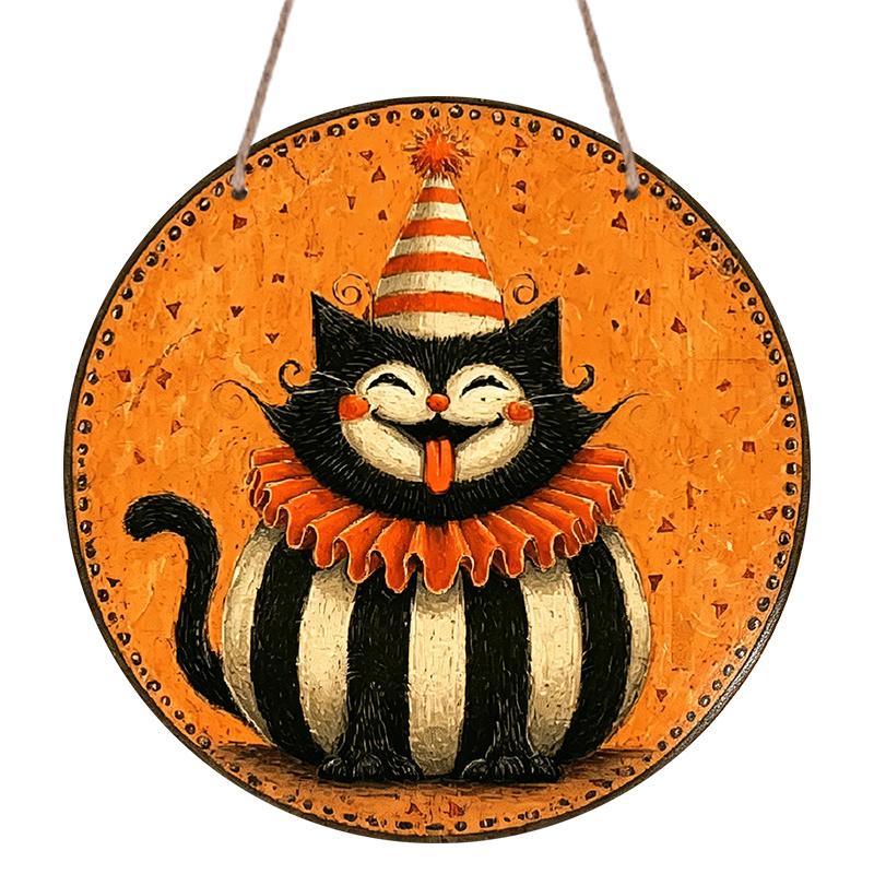 2D Flat 1pc/2pcs, Decorative Plaques and Ornaments Sign, Round Aluminum Vintage Halloween Clown Black Cat Hanging Sign, Smiling Tongue Out Cat Wall