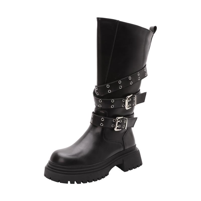 Сапоги с широким голенищем, толстой подошвой и пряжкой-ремнем, женские, новые 2025, панк, британский стиль, толстый каблук, увеличивающие рост, сапоги-рыцари, высокое голенище