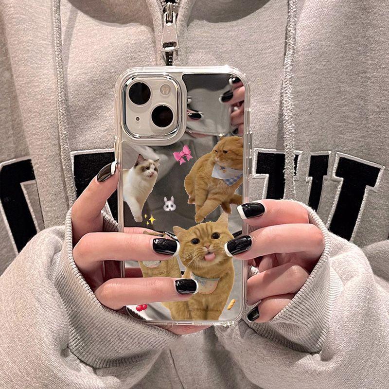 Кот милый питомец подходит для iPhone17 зеркальный чехол для мобильного телефона 16pro гальваническая кнопка x Apple 15 всесторонний 14 мультяшный