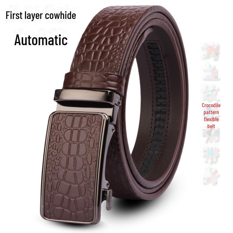 Men's Crocodile Pattern Leather Automatic Belt - Top Grain Cowhide, High-End Design, Genuine Craftsmanship.