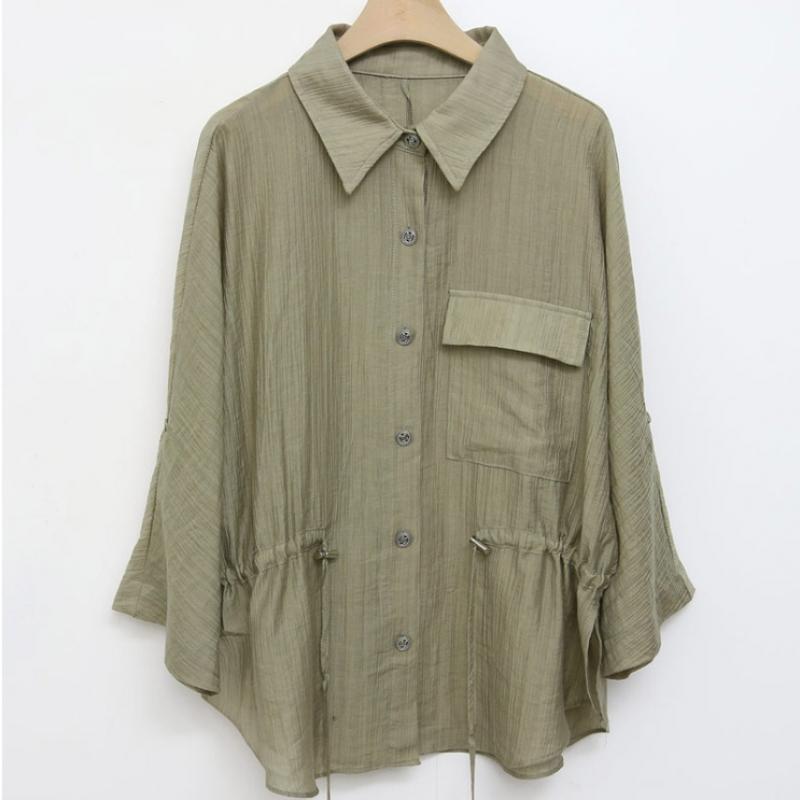 Shop Women Collar Neck Waist String Tencel Summer Roll Up Blouse Dgb Wbl 4572
